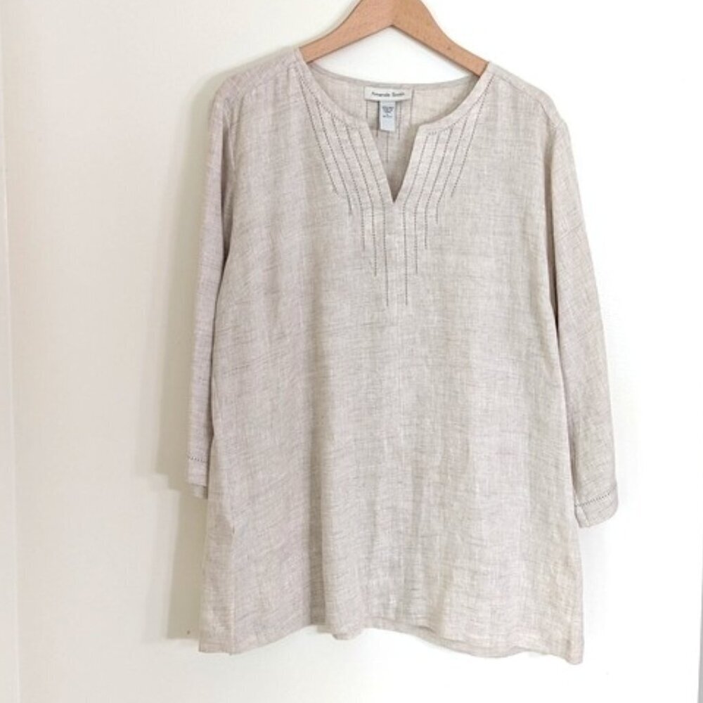 NWOT Adam Smith 100% Linen Boho Minimalist Blouse Sand Color Size L